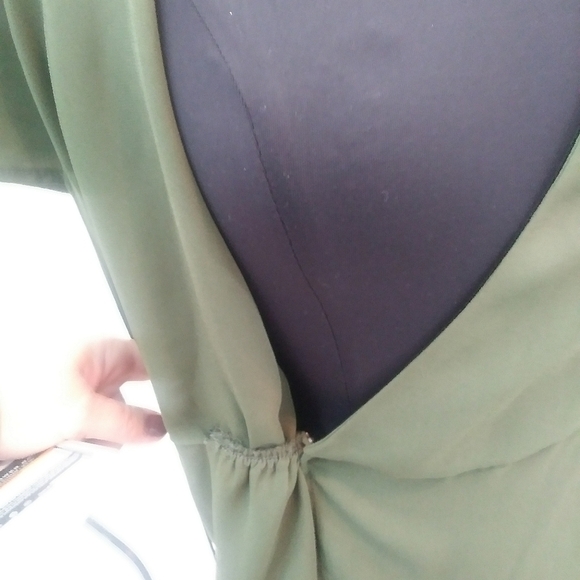 Lily White Wrap Style Sheer Polyester Career Blouse, Olive Green, Size XS - Picture 7 of 9